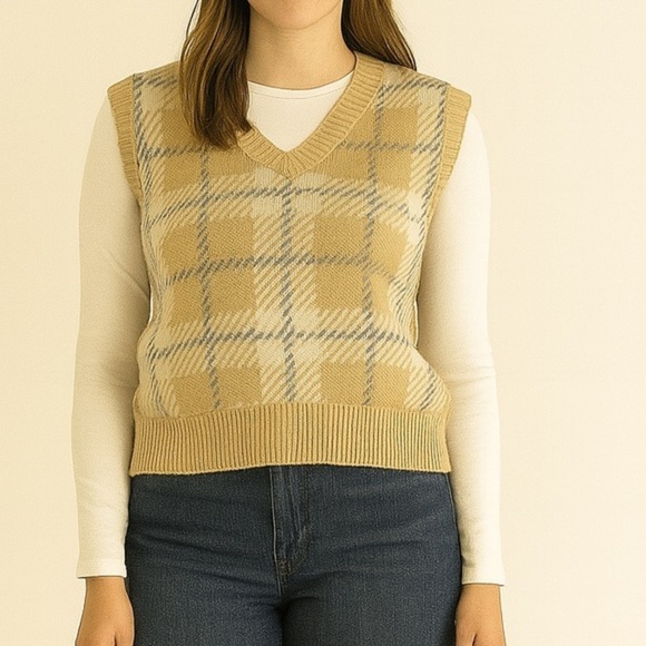 Jenny Eyelet Sweaters - 5/$25 Plaid V-Neck Sweater Vest - Tan